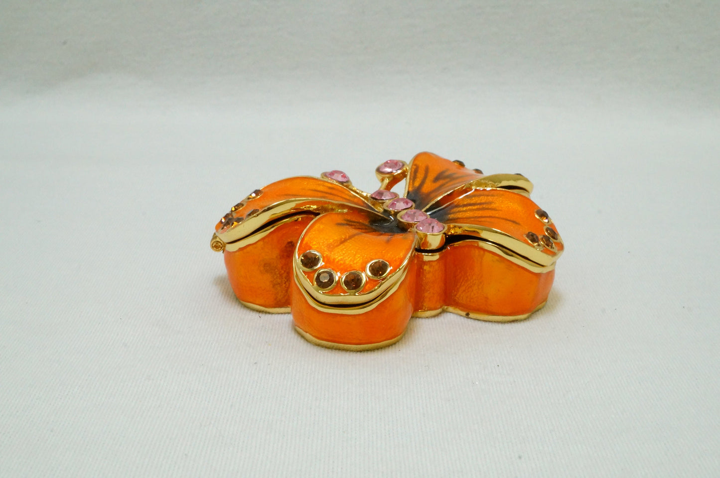 Cristiani Collezione Orange Gold Butterfly Trinket Box Pewter Enameled 14K Gold Plated