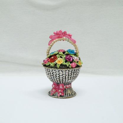 Vintage Weave Basket with Floral Lid and Bow Handle Jeweled Pewter Trinket