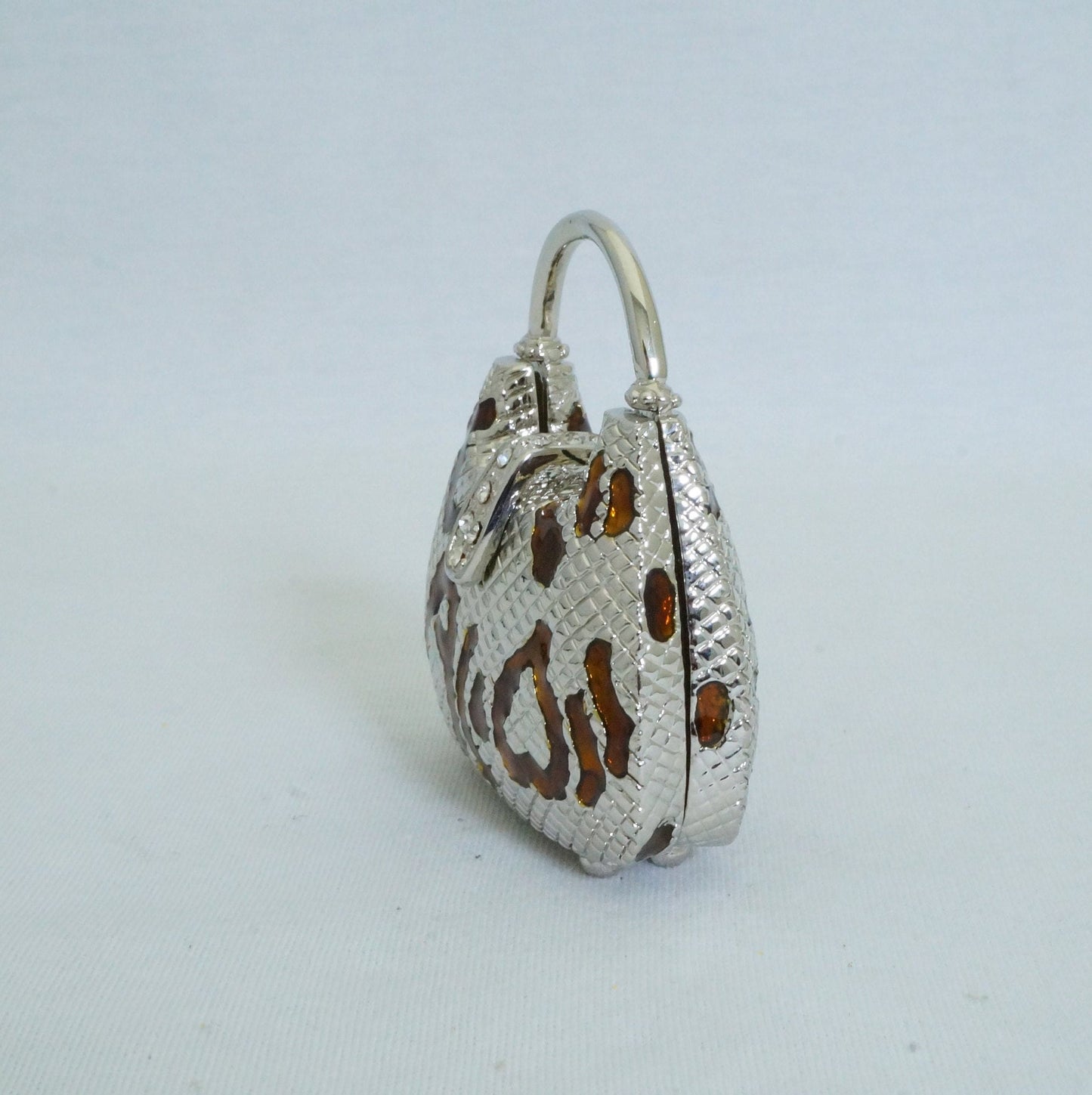 Vintage Silver Brown Handbag Trinket Box Pewter Jeweled Enameled