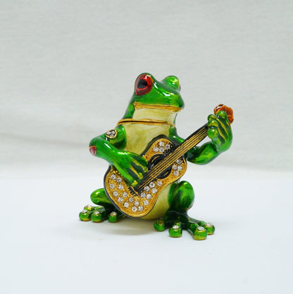 Vintage Frog Playing the Guitar Jeweled Pewter Trinket 14K Gold Plated