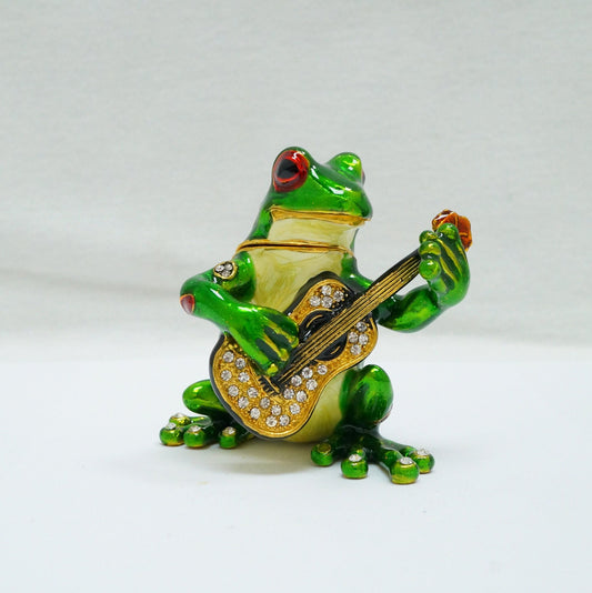 Vintage Frog Playing the Guitar Jeweled Pewter Trinket 14K Gold Plated