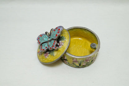 Vintage Round Floral Trinket with Butterfly on Lid Pewter Enamel Jeweled