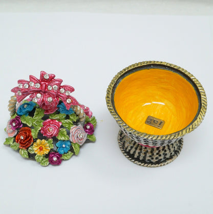 Vintage Weave Basket with Floral Lid and Bow Handle Jeweled Pewter Trinket