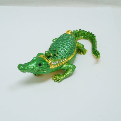 Cristiani Collezione Dad and Baby Green Jeweled Pewter Alligator Trinket 14K Gold Plated