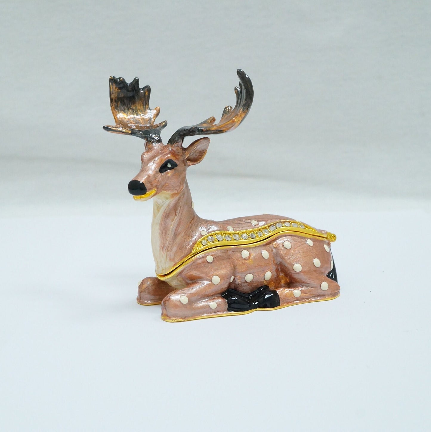 Vintage Fallow Deer Jeweled Pewter Trinket 14K Gold Plated