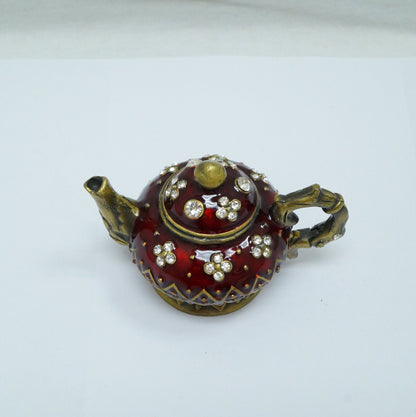 Vintage Burgundy Bronze Floral Jeweled Teapot Pewter Trinket 14K Gold Plated
