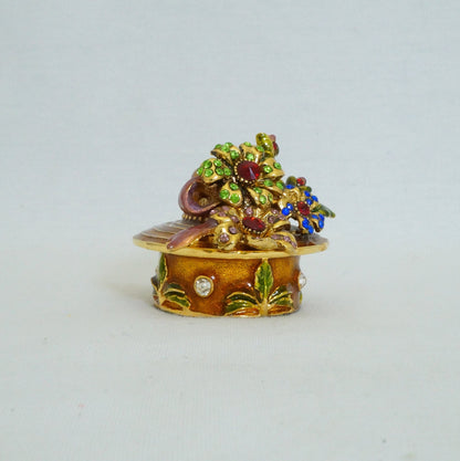Vintage Floral Hat Trinket Box Pewter Jeweled Enameled 14K Gold Plated