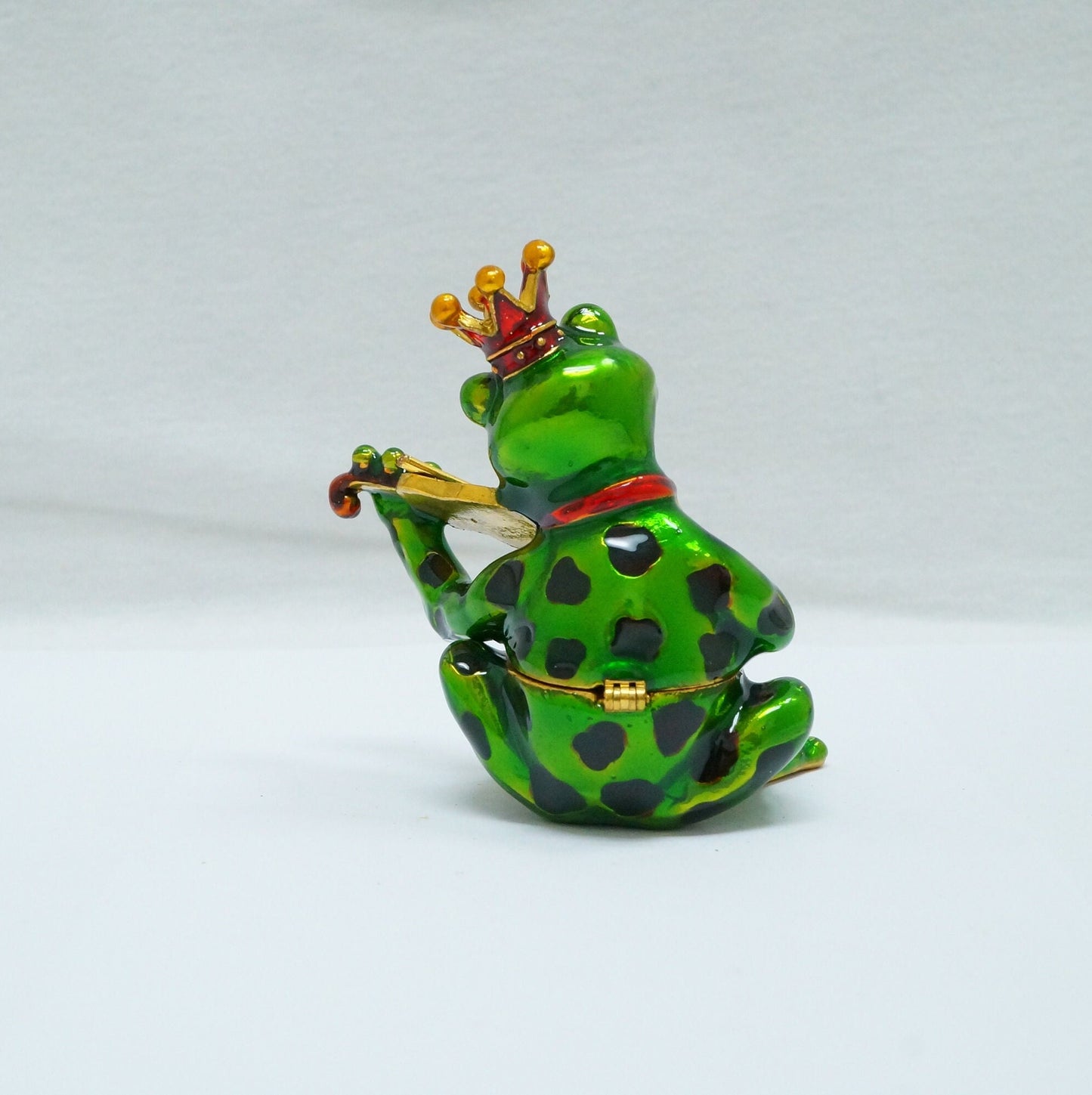 Vintage Frog With Crown Playing the Violin Jeweled Pewter Trinket 14K Gold Plated