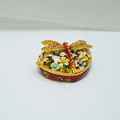 Cristiani Collezione Heart Floral With Dragon Fly Pewter Enameled Trinket Box 14K Gold Plated