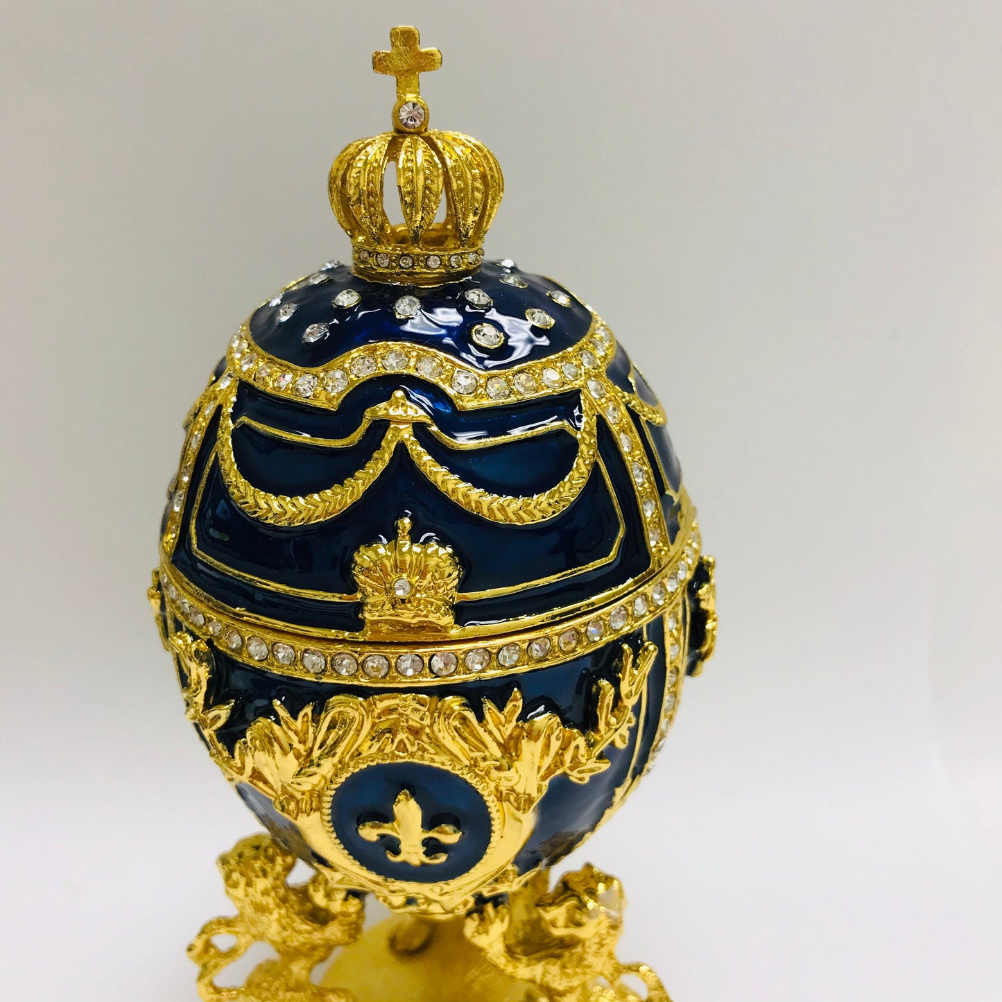 Cristiani Collezione Large Blue Gold Lion Musical Egg Trinket Box 14K Gold Plated