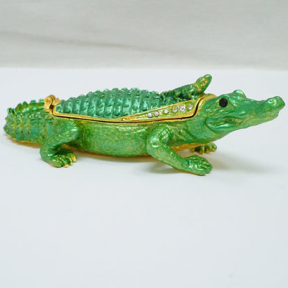 Cristiani Collezione Dad and Baby Green Jeweled Pewter Alligator Trinket 14K Gold Plated