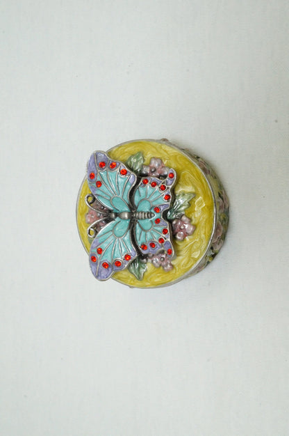 Vintage Round Floral Trinket with Butterfly on Lid Pewter Enamel Jeweled